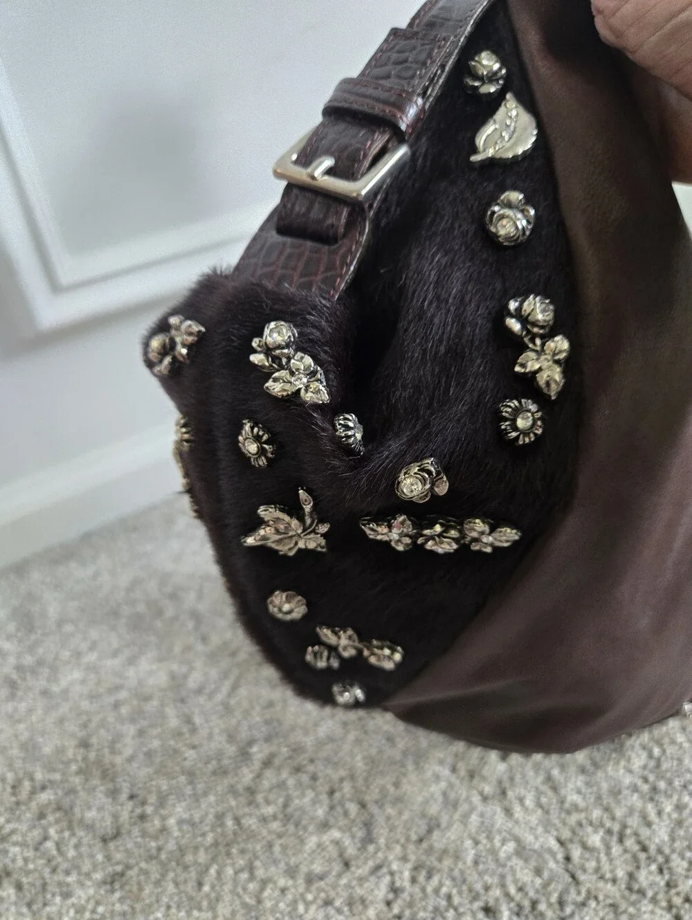 Berge Brown Leather Calfhair Hobo Shoulder Bag Charms Rhinestone Made in Italy